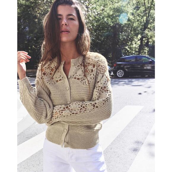 Zara Sweaters - Zara Womens Size S Cardigan Sweater Green Crochet Floral Fairy Boho Wool Blend